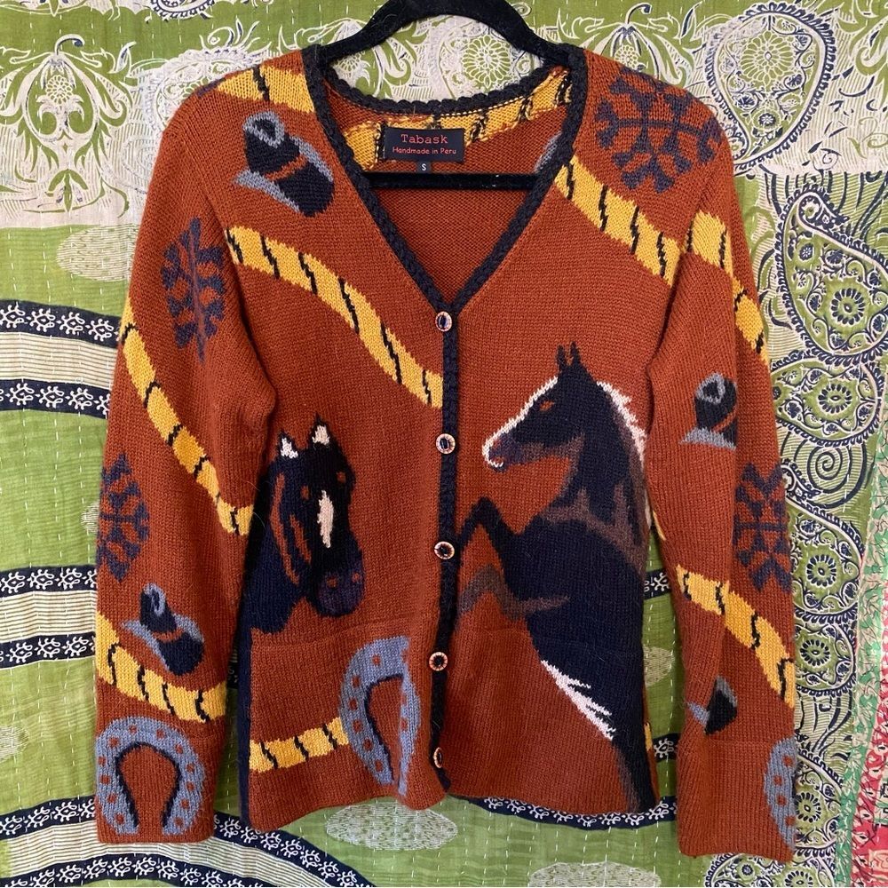 Tabask Brown/ Black Equestrian Grandma Core Alpaca Blend Cardigan Size Small